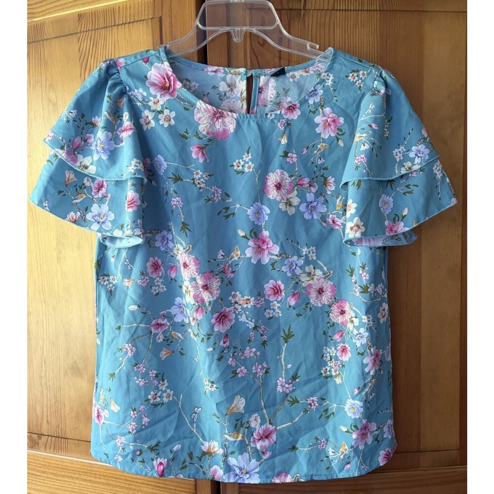 Shein Blue Floral Ruffle Sleeve Top Size Medium